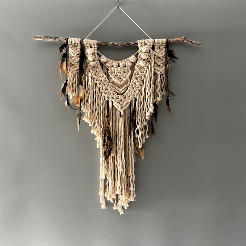 Macrame Wall Art - Cream Cotton & Feather with Burleigh Beach Driftwood