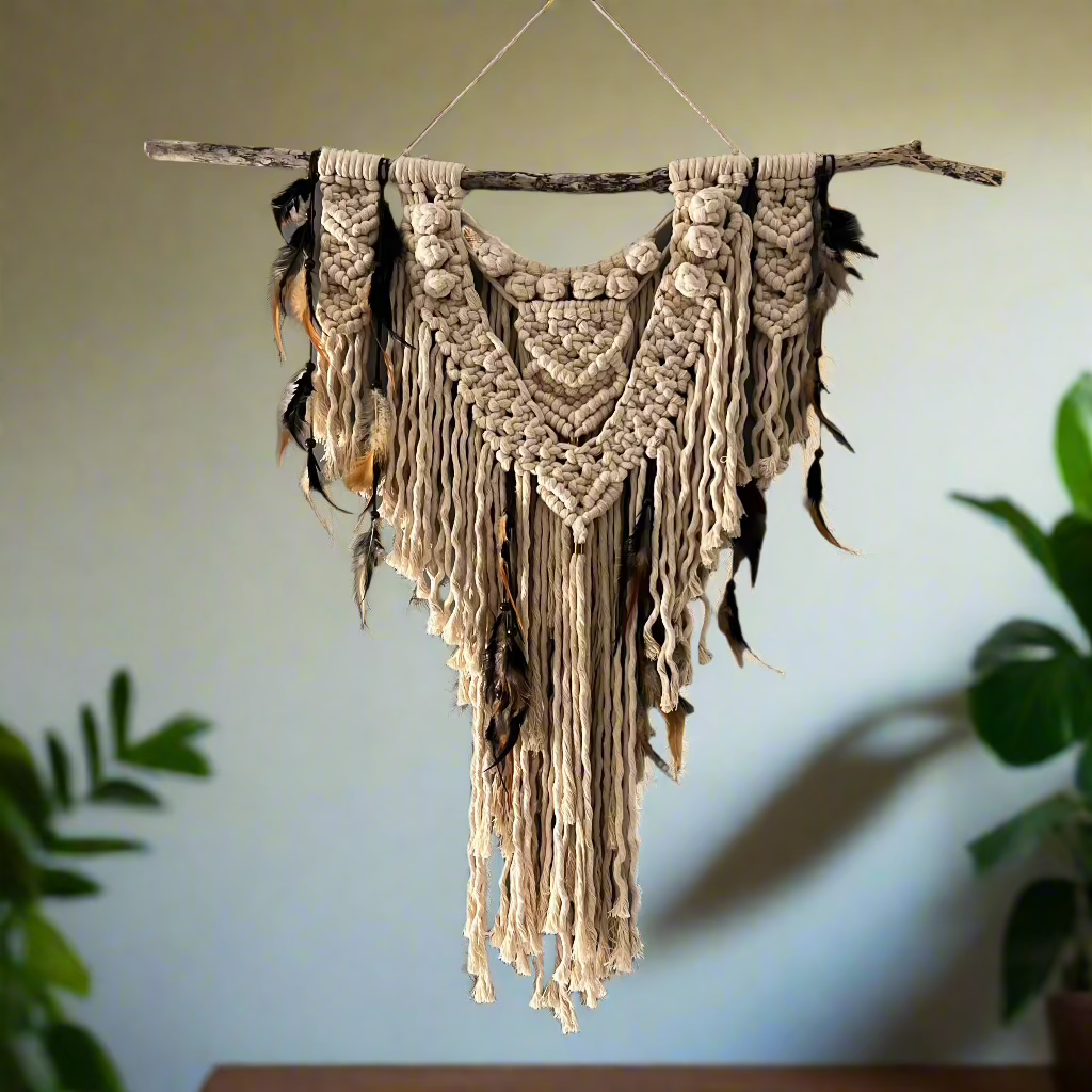 Macrame Wall Art - Cream Cotton & Feather with Burleigh Beach Driftwood