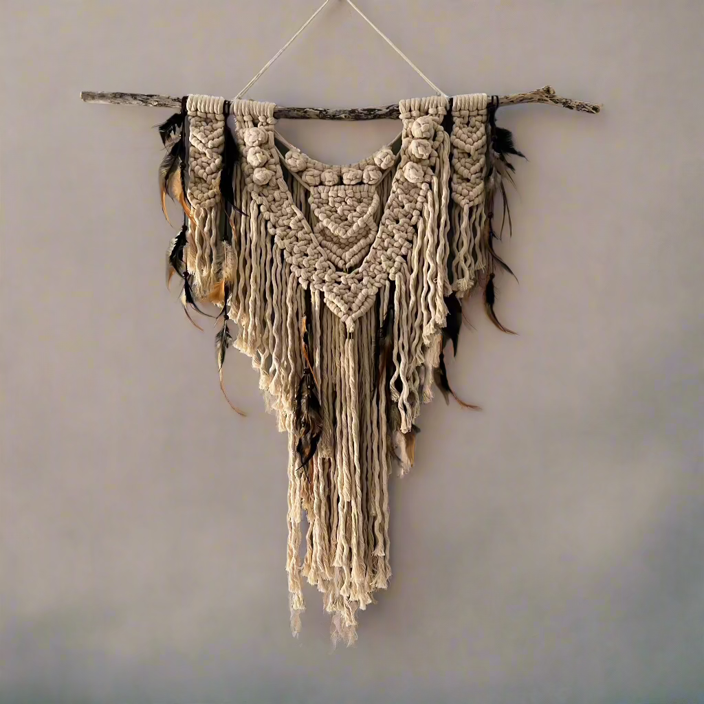 Macrame Wall Art - Cream Cotton & Feather with Burleigh Beach Driftwood