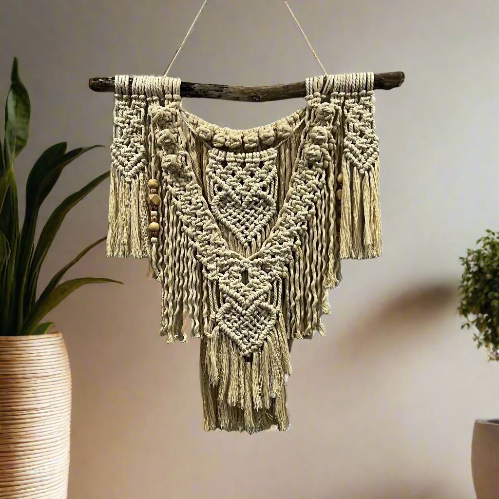 Macramé Wall art – Cotton and Wooden Beads with Burleigh Beach Driftwood