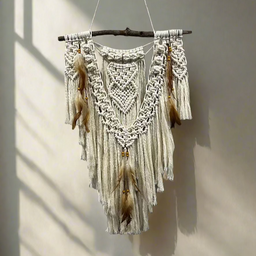 Macrame Wall Art - White Cotton & Feather with Burleigh Beach Driftwood